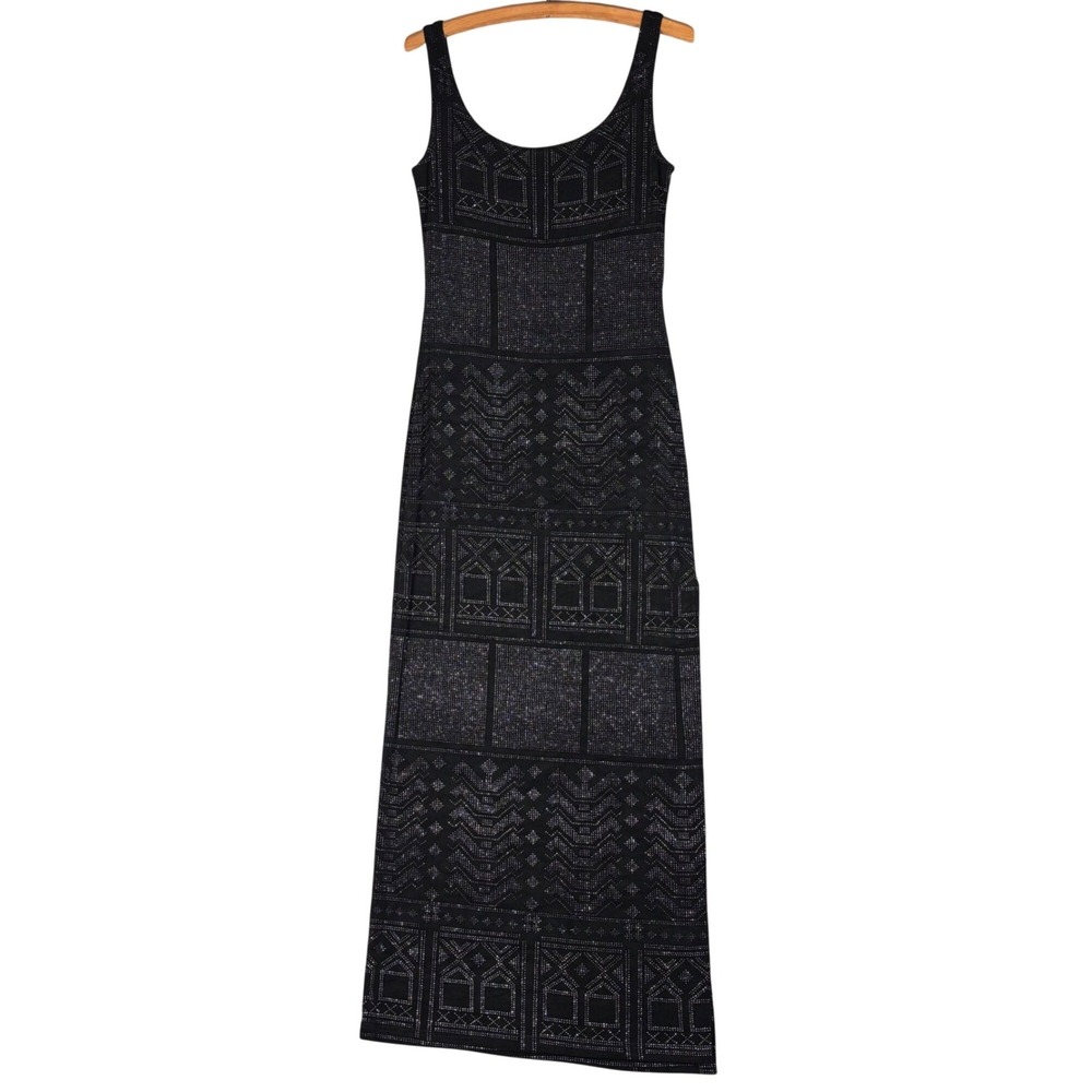 Vintage Zum Zum by Niki Livas Maxi Dress Size S Black Geometric Sparkle Stretch